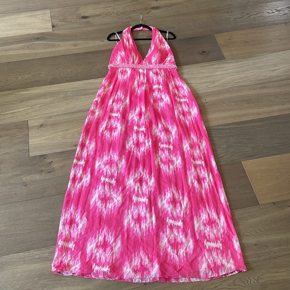 Kay Unger Pink Multicolor Halter Neck Maxi Silk Beaded Dress Gown Size 12 NWT - Picture 1 of 14